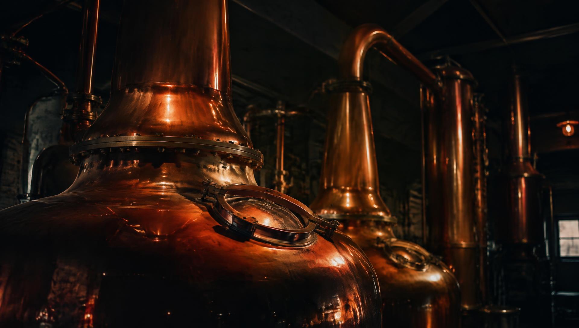 Copper pot stills in a distillery